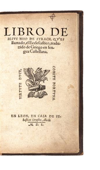 BIBLE IN SPANISH. ECCLESIASTICUS.  Libro de Jesus Hijo de Syrach, ques llamado, el Ecclesiastico.  1550